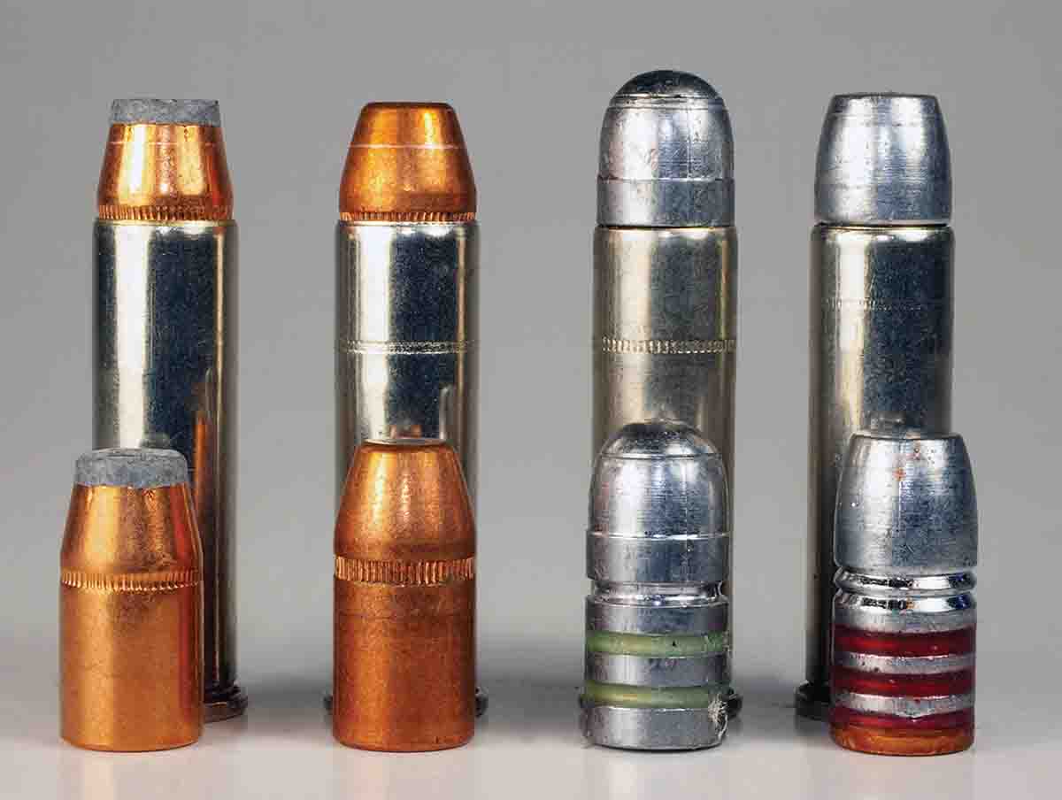 These four bullets for the .357 Magnum have their crimping grooves in different places. The LBT bullet at right has a choice of two crimping grooves.